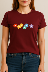 Women’s Floral Rainbow Graphic T-Shirt – Soft Cotton Casual Tee for Everyday Wear (Black, Maroon, Navy)