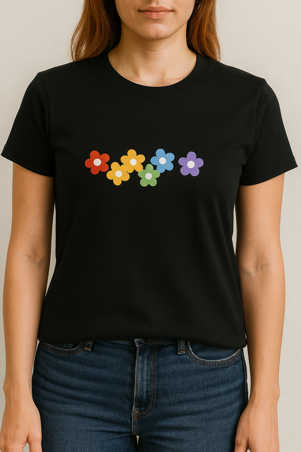 Women’s Floral Rainbow Graphic T-Shirt – Soft Cotton Casual Tee for Everyday Wear (Black, Maroon, Navy)