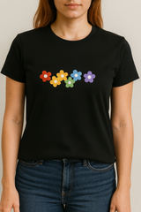 Women’s Floral Rainbow Graphic T-Shirt – Soft Cotton Casual Tee for Everyday Wear (Black, Maroon, Navy)