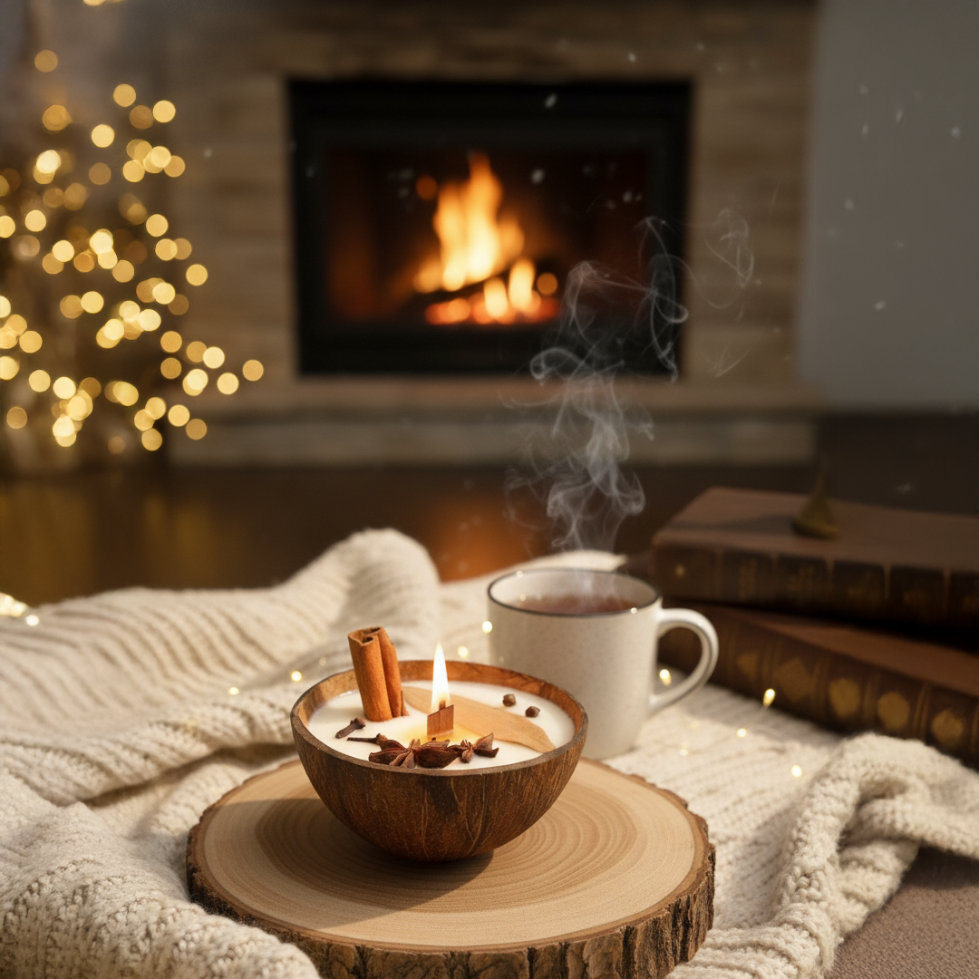 Natural Coconut Shell Candle – Handcrafted Soy Wax with Cinnamon & Star Anise | Eco-Friendly Candle