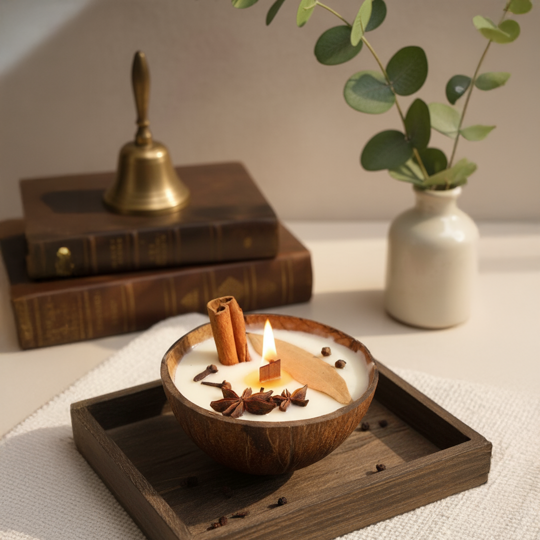 Natural Coconut Shell Candle – Handcrafted Soy Wax with Cinnamon & Star Anise | Eco-Friendly Candle