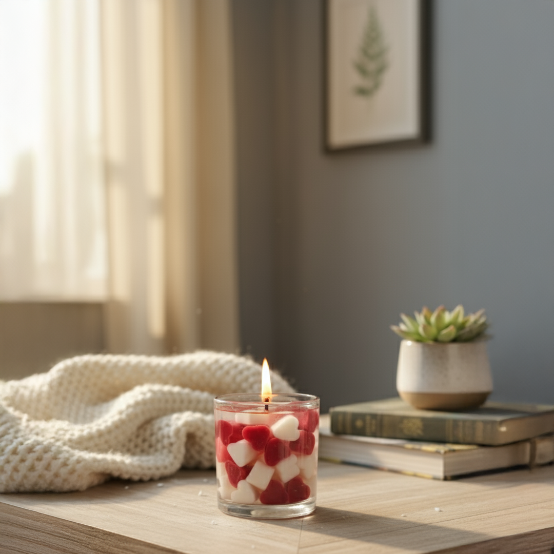 Heart Gel Wax Candle – Aromatic Jar Candle with Red & White Heart Embeds | Romantic Home Decor & Gift Candle