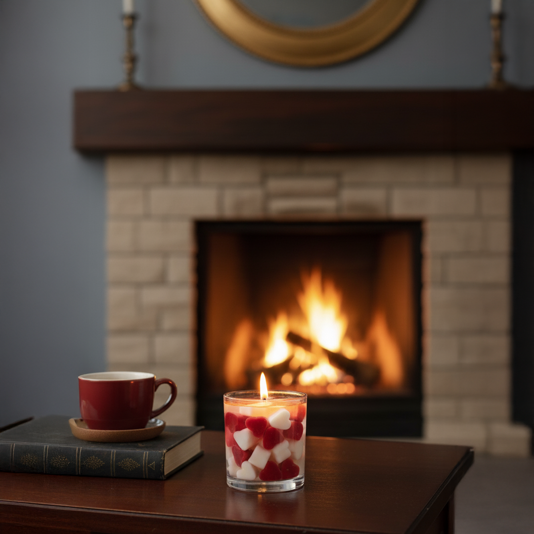 Heart Gel Wax Candle – Aromatic Jar Candle with Red & White Heart Embeds | Romantic Home Decor & Gift Candle