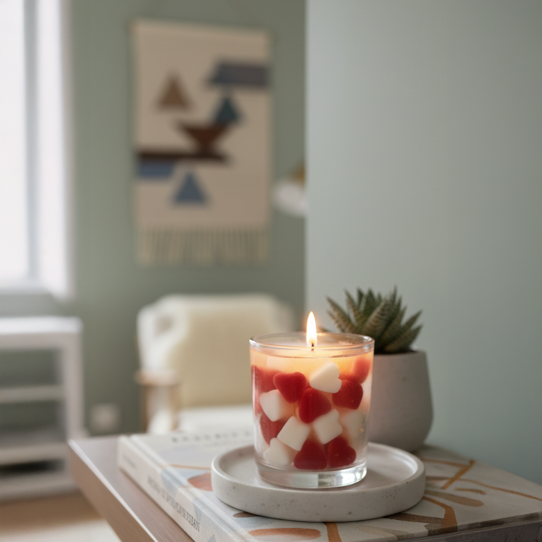 Heart Gel Wax Candle – Aromatic Jar Candle with Red & White Heart Embeds | Romantic Home Decor & Gift Candle