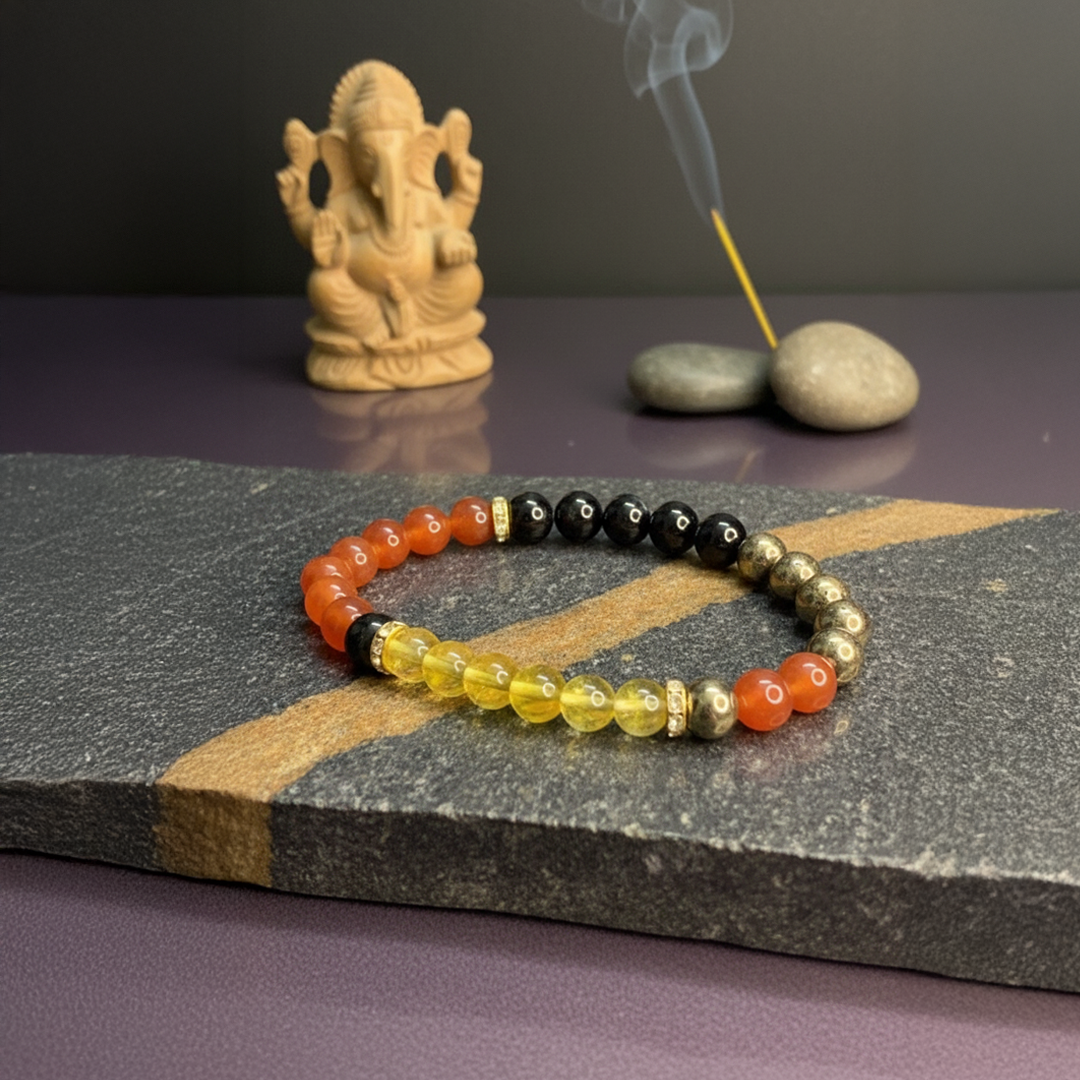 Energy Balance Crystal Bracelet | Carnelian (India), Citrine (Brazil), Black Onyx (India), Pyrite (Peru)