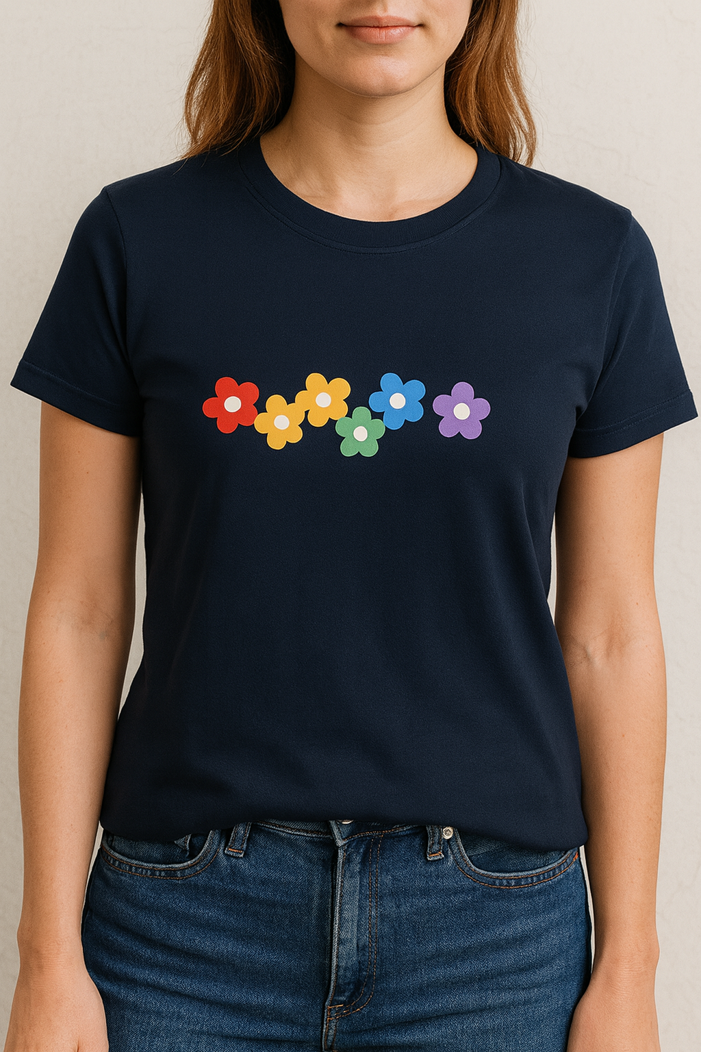 Women’s Floral Rainbow Graphic T-Shirt – Soft Cotton Casual Tee for Everyday Wear (Black, Maroon, Navy)