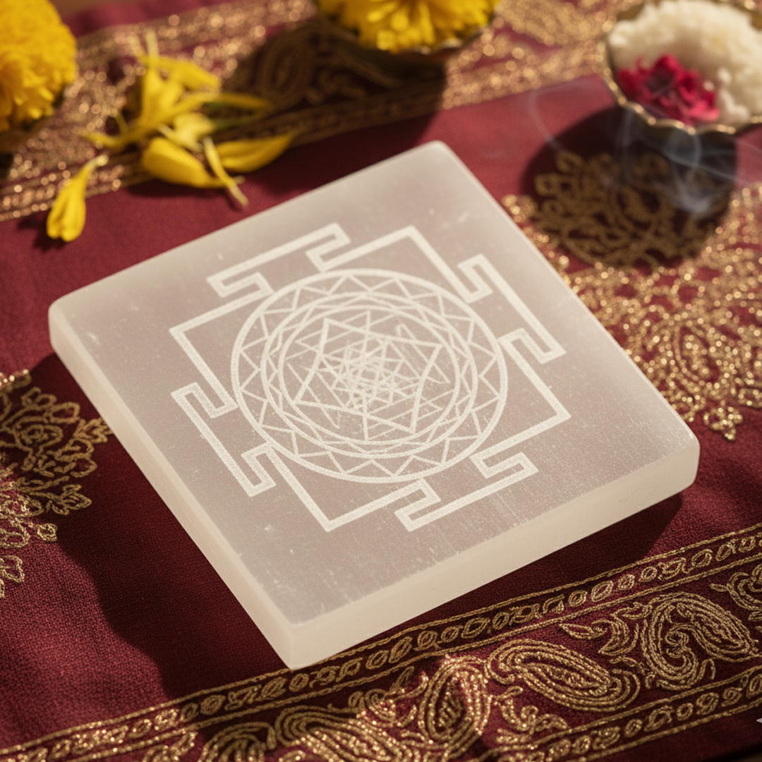 Moroccan Selenite Sri Yantra Charging Plate – Made in Morocco