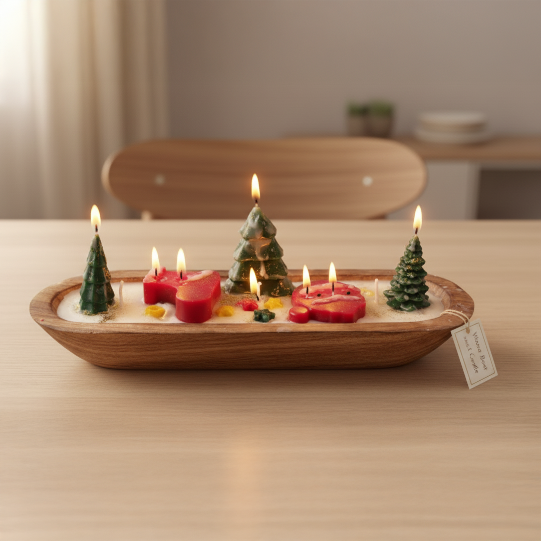 Christmas Tree & Santa Wooden Boat Candle | Festive Centerpiece Handcrafted Soy Wax Candle
