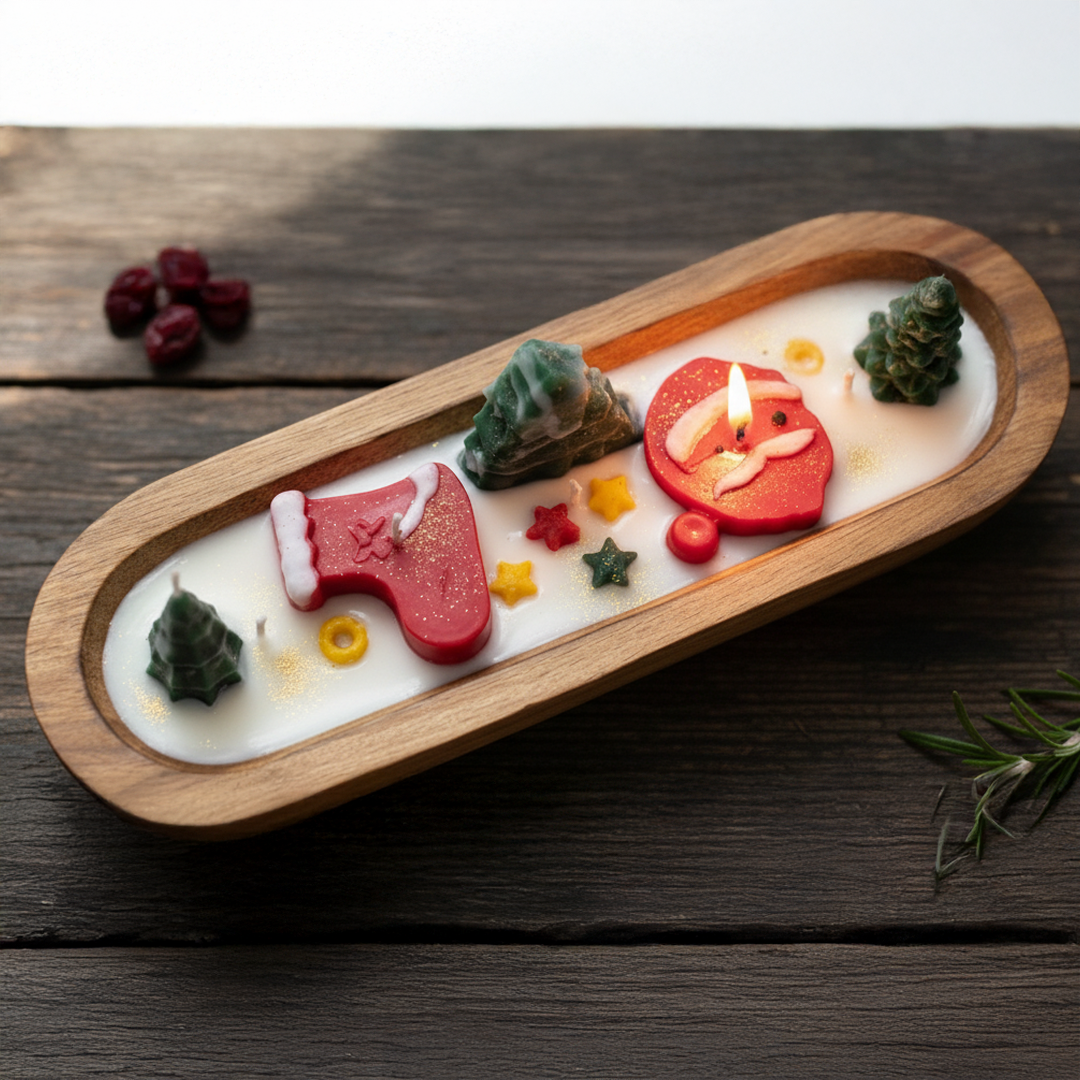 Christmas Tree & Santa Wooden Boat Candle | Festive Centerpiece Handcrafted Soy Wax Candle