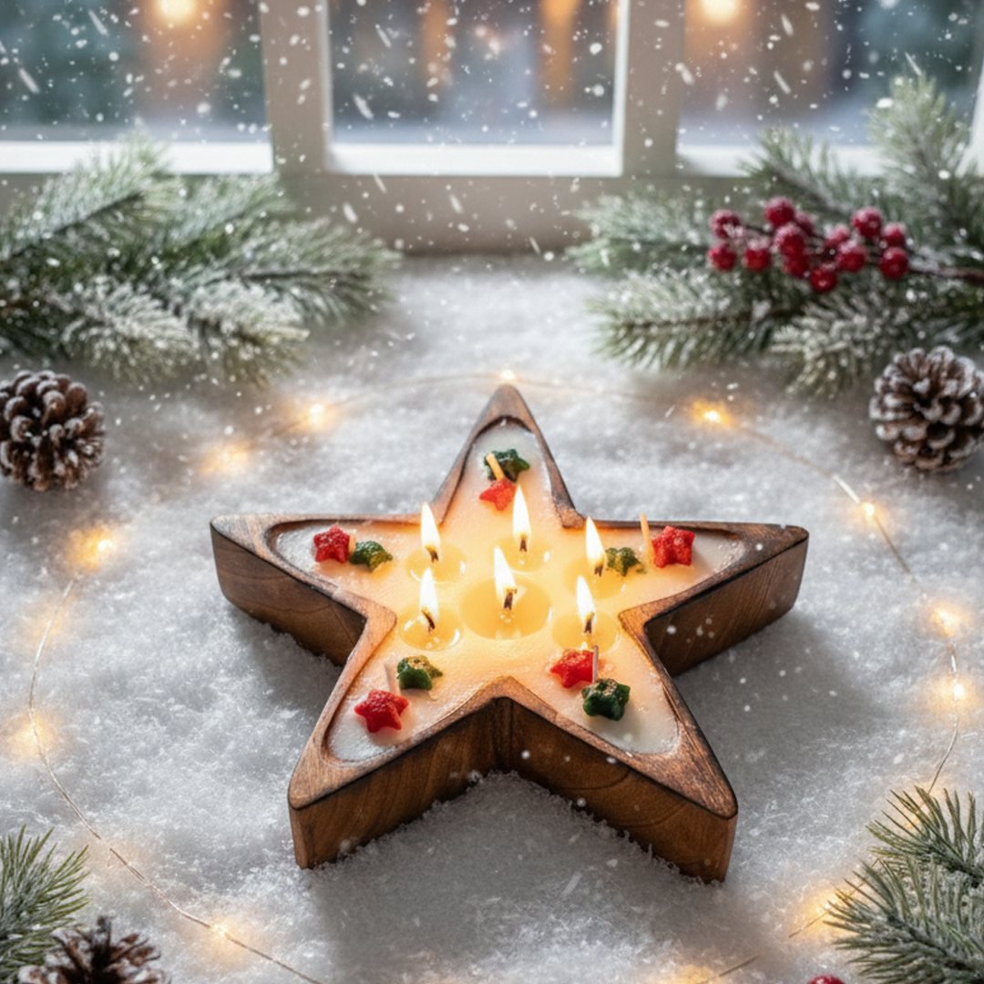 Wooden Star Candle – Christmas Decorative Scented Centerpiece for Festive Home Decor