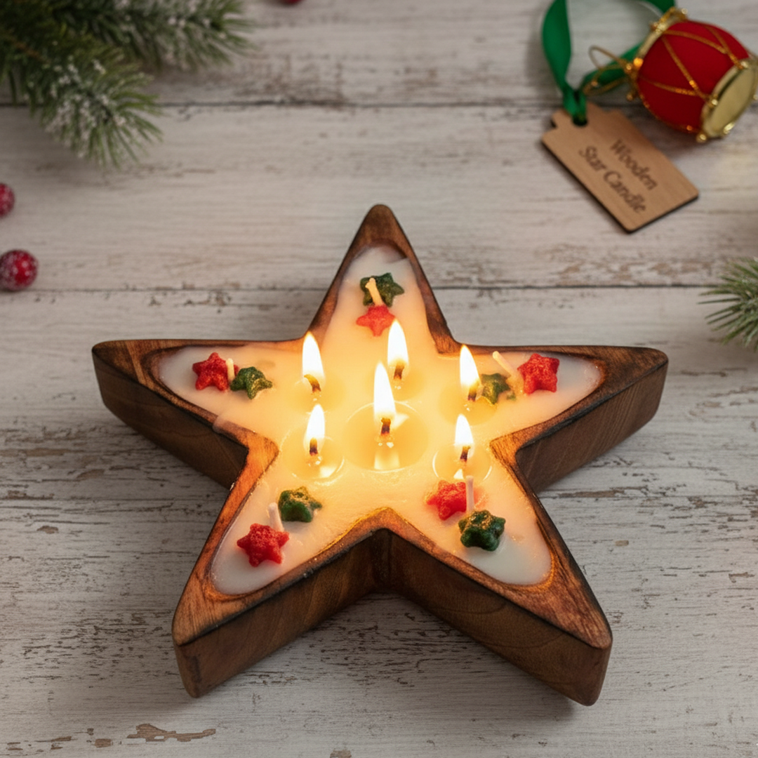 Wooden Star Candle – Christmas Decorative Scented Centerpiece for Festive Home Decor