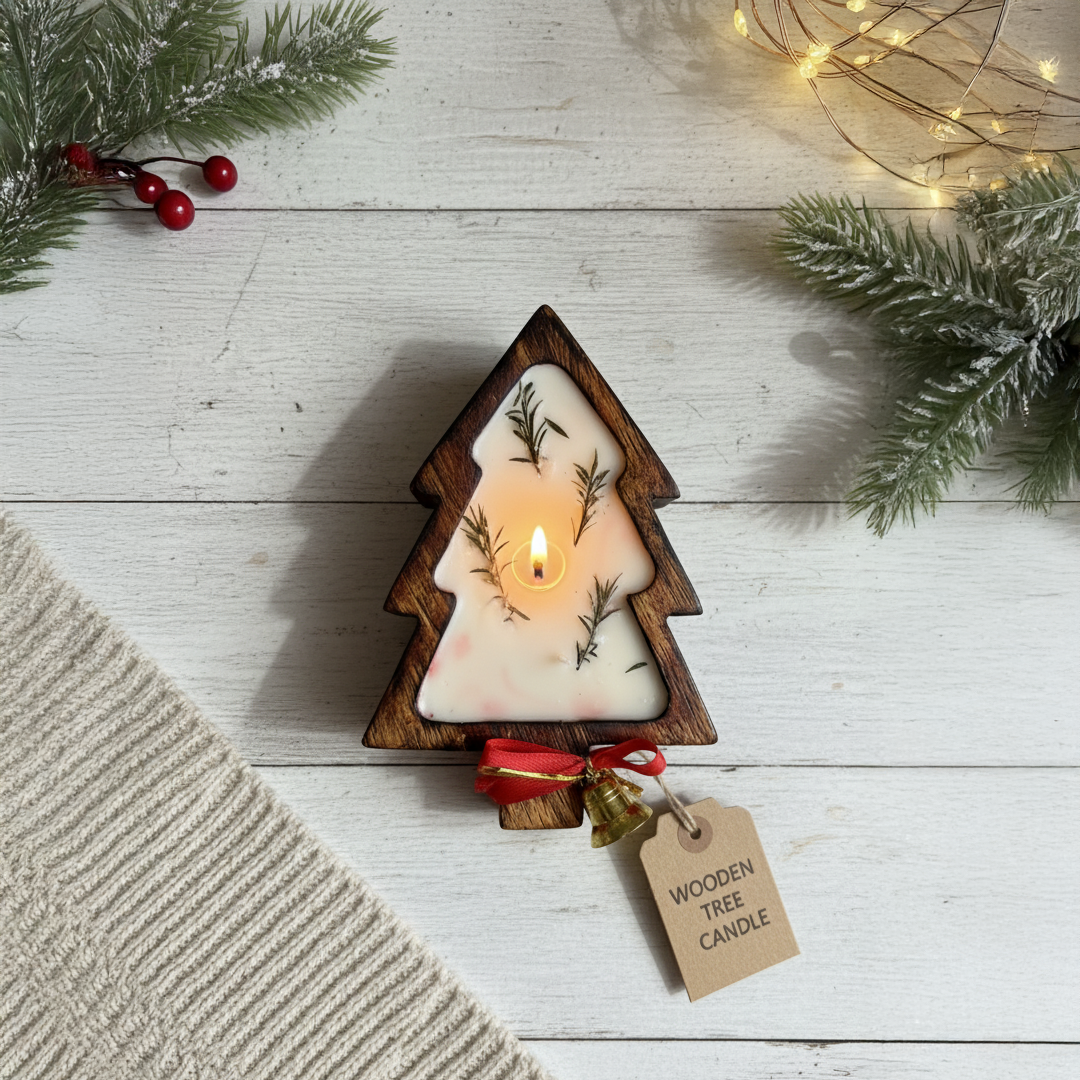 Luxury Wooden Christmas Tree Candle – Handcrafted Soy Wax with Pine & Rosemary | Holiday Home Decor