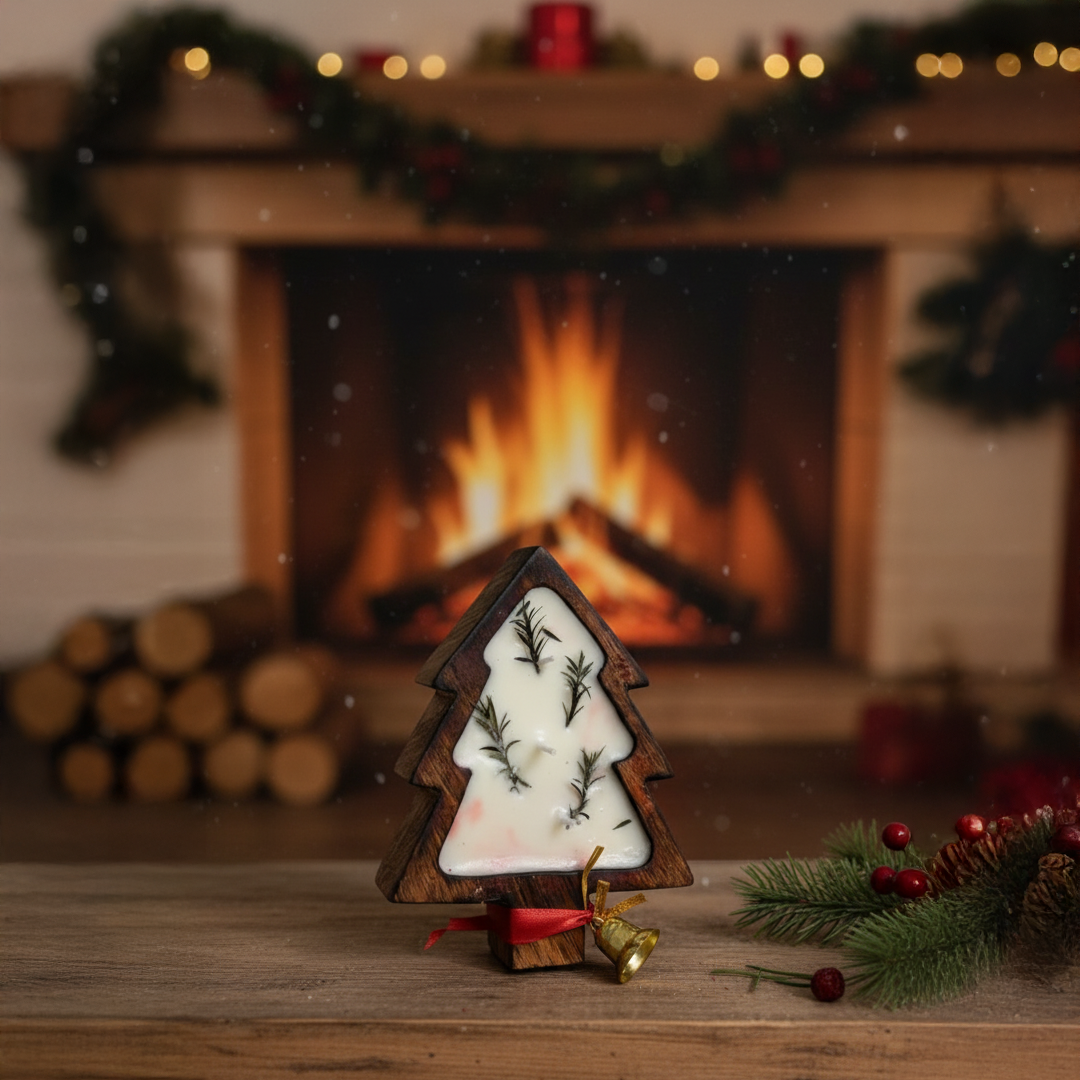 Luxury Wooden Christmas Tree Candle – Handcrafted Soy Wax with Pine & Rosemary | Holiday Home Decor