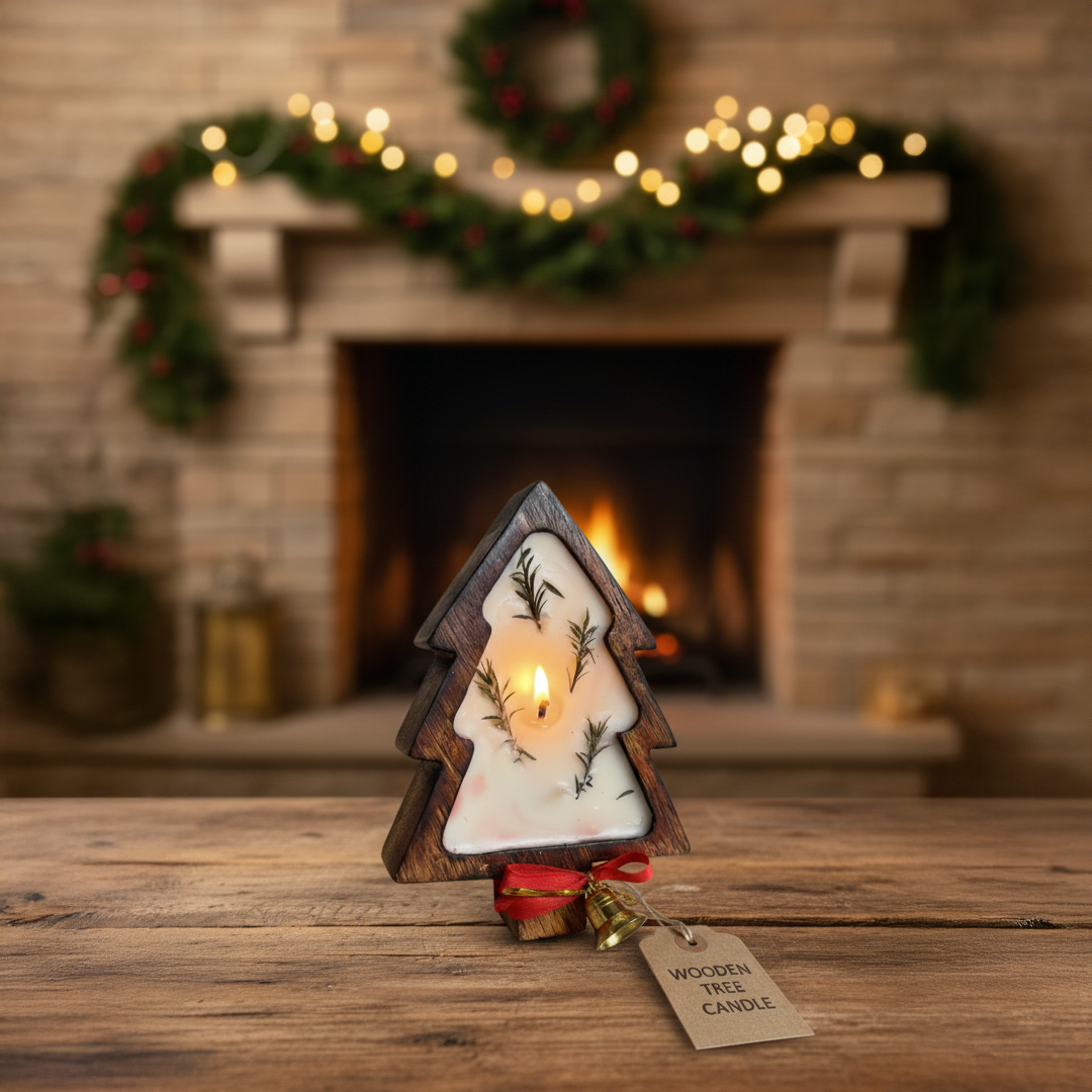 Luxury Wooden Christmas Tree Candle – Handcrafted Soy Wax with Pine & Rosemary | Holiday Home Decor