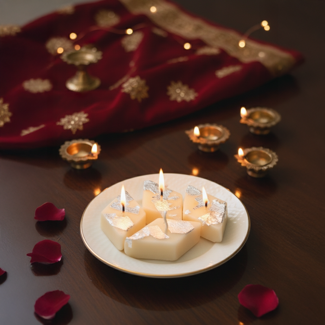 Luxury Kaju Katli Inspired Candle with Silver Leaf Finish (Unit of 6 Candles)